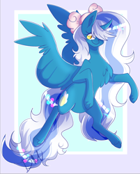 Size: 632x788 | Tagged: safe, artist:pickled_thyme, oc, oc only, oc:fleurbelle, alicorn, pony, alicorn oc, blue background, bow, chest fluff, female, fetlock tuft, hair bow, horn, mare, simple background, smiling, solo, wingding eyes, wings, yellow eyes