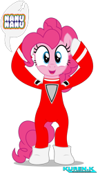 Size: 1900x3339 | Tagged: safe, artist:kuren247, pinkie pie, earth pony, pony, g4, bipedal, boots, crossover, egg, female, looking at you, mork, mork and mindy, robin williams, shoes, simple background, solo, spacesuit, speech bubble, text, transparent background, tribute