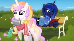 Size: 1920x1080 | Tagged: safe, artist:whitequartztheartist, princess celestia, princess luna, alicorn, pony, g4, bench, book, brooch, cape, clothes, female, flower, garden, mare, mouth hold, reading, retired, retirement, royal sisters, royalty, scarf, sisters