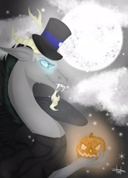 Size: 1606x2232 | Tagged: safe, artist:harukah, oc, oc only, oc:lord fear, draconequus, halloween, holiday, male, moon, night, nightmare, nightmare night, not discord, oc villain, pumpkin, solo, stars, wings