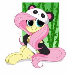 Size: 3732x4096 | Tagged: safe, artist:kittyrosie, fluttershy, bear, panda, pegasus, pony, g4, animal costume, bamboo, blushing, clothes, costume, cute, female, high res, hoodie, kittyrosie is trying to murder us, mare, pandashy, shyabetes, sitting, smiling at you, solo