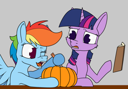 Size: 1294x900 | Tagged: safe, artist:dacaoo, rainbow dash, twilight sparkle, pegasus, pony, g4, book, carving, duo, halloween, holiday, knife, one eye closed, pumpkin