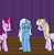 Size: 1280x1302 | Tagged: safe, artist:platinumdrop, fuchsia blush, lavender lace, trixie, pony, unicorn, g4, female, front view, mare, ponified, request, side view, stage, standing, trio, unicorn fuchsia blush, unicorn lavender lace