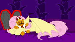 Size: 1280x720 | Tagged: safe, artist:earthquake87, fluttershy, bat pony, human, vampire, g4, animated, bat ponified, bed, coffin, cute, ear scratch, flutterbat, flying away, frame by frame, hand, happy, offscreen character, petting, pillow, race swap, sleeping, stretching, teddy bear, tongue out, vlad tepes, waking up, wing spreading, yawn