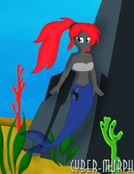 Size: 1904x2472 | Tagged: safe, artist:cyber-murph, oc, oc:gamerpen, mermaid, equestria girls, g4, art trade, barely pony related, belly, belly button, coral, equestria girls-ified, fish scales, gender bend, lidded eyes, mermaidized, midriff, ponytail, seaweed, signature, species swap, tube top, underwater