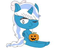 Size: 1280x960 | Tagged: safe, artist:lunarpikaa, oc, oc only, oc:fleurbelle, alicorn, anthro, alicorn oc, bow, female, hair bow, holding, horn, mare, one eye closed, pumpkin, simple background, solo, transparent background, wings