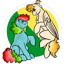 Size: 400x400 | Tagged: safe, artist:equestrias-little-ones, artist:owlipoppen, oc, oc only, earth pony, pegasus, pony, blank flank, female, freckles, looking at each other, magical lesbian spawn, offspring, parent:applejack, parent:rainbow dash, parents:appledash, siblings, simple background, sisters, transparent background, twins
