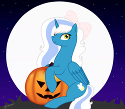 Size: 1600x1397 | Tagged: safe, artist:princessmoonsilver, oc, oc only, oc:fleurbelle, alicorn, pony, alicorn oc, bow, female, hair bow, horn, mare, moon, night, pumpkin, sky, smiling, solo, stars, wingding eyes, wings, yellow eyes