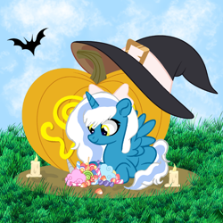 Size: 1000x1000 | Tagged: safe, artist:moonprincesskitty90, oc, oc only, oc:fleurbelle, alicorn, pony, alicorn oc, bow, candy, candy cane, female, food, hair bow, halloween, hat, holiday, horn, mare, pumpkin, solo, wings, witch hat, yellow eyes