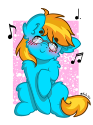 Size: 1440x1944 | Tagged: safe, artist:minty joy, oc, oc only, oc:4everfreebrony, earth pony, pony, 4everfreebrony, abstract background, blushing, chest fluff, cute, ear fluff, fluffy, happy, leg fluff, music notes, simple background, sitting, smiling, solo