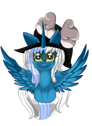 Size: 730x992 | Tagged: safe, artist:sakimiaji, oc, oc only, oc:fleurbelle, alicorn, pony, adorabelle, alicorn oc, bow, commission, cute, female, hair bow, hat, horn, looking at you, mare, simple background, solo, transparent background, wingding eyes, wings, witch hat, ych result