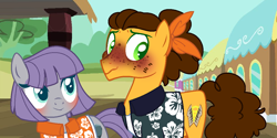 Size: 1186x594 | Tagged: safe, artist:meimelland, cheese sandwich, maud pie, earth pony, pony, g4, alternate universe, base used, blushing, blushing profusely, clothes, colored pupils, female, freckles, hawaiian shirt, male, maudwich, shipping, shirt, smiling, straight, train, wavy mouth
