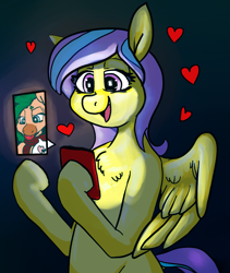Size: 1941x2304 | Tagged: safe, artist:/d/non, artist:tacodeltaco, derpibooru exclusive, oc, oc:heartspring, oc:star shower, earth pony, pegasus, pony, mlp fim's tenth anniversary, cellphone, floating heart, happy birthday mlp:fim, heart, looking at each other, oc x oc, open mouth, phone, shipping, smartphone, tongue out, video call