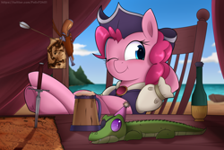 Size: 6000x4000 | Tagged: safe, artist:felixf, gummy, pinkie pie, twilight sparkle, alicorn, earth pony, pony, g4, :p, absurd resolution, arrow, bottle, chair, cider, cute, dagger, diapinkes, eyepatch, female, hat, hooves on the table, map, one eye closed, pinkie pirate, pirate, pirate hat, pirate pinkie pie, pirate twilight, reclining, sitting, smiling, tankard, tongue out, treasure map, twilight sparkle (alicorn), underhoof, weapon