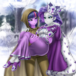 Size: 1200x1204 | Tagged: safe, artist:racoonsan, color edit, edit, editor:drakeyc, clover the clever, princess platinum, rarity, twilight sparkle, human, equestria girls, g4, hearth's warming eve (episode), alternate hairstyle, blushing, bowtie, breasts, bridal carry, cape, carrying, clothes, coat, crown, dress, ear piercing, equestria girls edit, eyeshadow, female, flower, hand, high heels, holding hands, hood, humanized, jewelry, lesbian, makeup, nail polish, piercing, platiclover, regalia, robe, rope, scene interpretation, ship:rarilight, shipping, shirt, shoes, skin color edit, snow, suit, tree