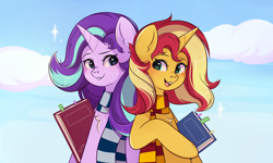 Size: 3500x2105 | Tagged: safe, artist:yomechka, starlight glimmer, sunset shimmer, pony, unicorn, g4, book, chest fluff, clothes, cloud, cute, duo, female, glimmerbetes, high res, mare, open mouth, scarf, shimmerbetes, sky, smiling, striped scarf