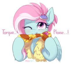 Size: 2603x2305 | Tagged: safe, artist:maren, kerfuffle, pegasus, pony, g4, rainbow roadtrip, amputee, biting, cute, fufflebetes, high res, hoof hold, implied torque wrench, mouth hold, one eye closed, prosthetic leg, prosthetic limb, prosthetics, simple background, solo, white background, wink