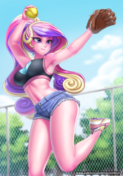 Size: 874x1250 | Tagged: safe, artist:racoonsan, color edit, edit, editor:drakeyc, princess cadance, human, equestria girls, g4, alternate hairstyle, anime, armpits, baseball glove, belly button, blushing, breasts, busty princess cadance, clothes, colored, daisy dukes, denim shorts, equestria girls edit, female, fence, legs, midriff, multicolored hair, nail polish, no socks, one leg raised, open mouth, shoes, shorts, skin color edit, sneakers, softball, sports, sports bra, sweat, sweatdrop, thighs, tree