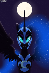 Size: 2000x3000 | Tagged: safe, artist:bluebender, nightmare moon, alicorn, pony, g4, armor, glowing eyes, helm, high res, looking at you, moon, moonlight, nightmare night, solo, stars, wings