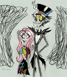 Size: 2607x3011 | Tagged: safe, artist:citi, discord, fluttershy, human, g4, abstract background, duo, halloween, high res, holiday, humanized, the nightmare before christmas, traditional art