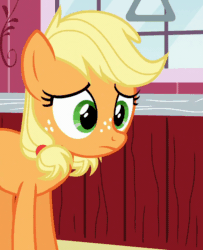 Size: 690x850 | Tagged: safe, screencap, applejack, earth pony, pony, g4, season 6, where the apple lies, animated, context is for the weak, cropped, double mane, female, floppy ears, freckles, gif, invisible stallion, open mouth, out of context, solo, teenage applejack, teenager, the implications are horrible