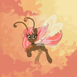 Size: 2000x2000 | Tagged: safe, artist:auroracursed, oc, oc only, oc:scarlet trace (coffee bean), breezie, breezie oc, candy, commission, cute, female, flying, food, high res, hoof hold, looking at you, smiling, solo, spread wings, three quarter view, tongue out, wings