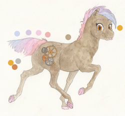 Size: 1836x1707 | Tagged: safe, alternate version, artist:lady-limule, oc, oc only, earth pony, pony, :p, colored hooves, earth pony oc, female, gears, mare, raised hoof, solo, tongue out, traditional art