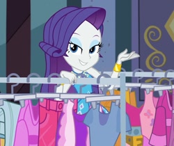 Size: 1476x1242 | Tagged: safe, screencap, rarity, equestria girls, g4, my little pony equestria girls: better together, street chic, bracelet, clothes, clothes rack, cropped, cute, eyeshadow, female, geode of shielding, jewelry, lidded eyes, looking at you, magical geodes, makeup, rarity peplum dress, smiling, smiling at you, solo, window