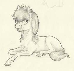 Size: 1888x1796 | Tagged: safe, artist:lady-limule, oc, oc only, earth pony, pony, earth pony oc, female, filly, horseshoes, lineart, lying down, open mouth, prone, smiling, solo, traditional art, unshorn fetlocks