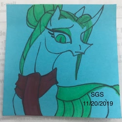 Size: 1080x1080 | Tagged: safe, artist:stargazerseven, queen chrysalis, changedling, pony, g4, bust, changedling queen, clothes, female, frown, purified chrysalis, scarf, solo, traditional art