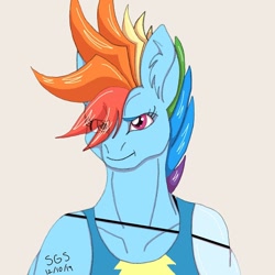 Size: 1080x1080 | Tagged: safe, artist:stargazerseven, rainbow dash, pegasus, anthro, g4, clothes, crossover, ear fluff, female, frown, promare, signature, simple background, solo