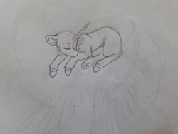 Size: 960x720 | Tagged: safe, artist:silentwolf-oficial, oc, oc only, alicorn, pony, alicorn oc, eyes closed, grayscale, horn, lineart, lying down, monochrome, prone, sleeping, solo, traditional art, wings