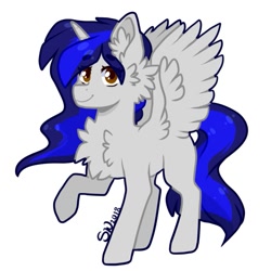 Size: 815x814 | Tagged: safe, artist:silentwolf-oficial, oc, oc only, alicorn, pony, alicorn oc, ear fluff, horn, raised hoof, signature, simple background, smiling, solo, white background, wings