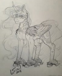 Size: 1673x2048 | Tagged: safe, artist:silentwolf-oficial, princess luna, alicorn, pony, g4, chest fluff, female, grayscale, hoof fluff, lineart, mare, monochrome, signature, solo, traditional art