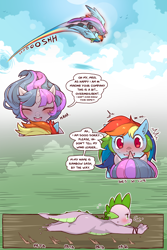 Size: 960x1440 | Tagged: safe, artist:cold-blooded-twilight, rainbow dash, spike, twilight sparkle, dragon, pegasus, pony, unicorn, cold blooded twilight, comic:cold storm, g4, blushing, clothes, cloud, comic, dialogue, female, flying, leggings, lesbian, looking at each other, quadrupedal spike, rainbow trail, running, shaking, ship:twidash, shipping, smiling, speech bubble, speed lines, spread wings, sweat, unicorn twilight, wings