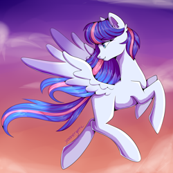 Size: 2480x2480 | Tagged: safe, artist:maeveadair, oc, pegasus, pony, dawn, female, flying, high res, mare, turned head, wings