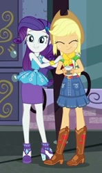 Size: 388x654 | Tagged: safe, screencap, applejack, rarity, equestria girls, equestria girls series, g4, street chic, spoiler:eqg series (season 2), applejack's hat, autumn, boots, bracelet, clothes, coffee, cowboy boots, cowboy hat, cropped, cute, duo, eyes closed, female, geode of shielding, geode of super strength, hat, high heels, jackabetes, jewelry, looking at you, magical geodes, pencil skirt, raribetes, rarity peplum dress, scarf, shoes, skirt, smiling, smiling at you, window