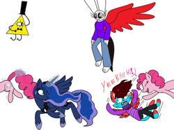 Size: 1082x810 | Tagged: safe, artist:alanadamoondemon15, artist:ced145, pinkie pie, princess luna, oc, alicorn, earth pony, pony, anthro, g4, anthro with ponies, bill cipher, collaboration, female, flying, gravity falls, hat, looking back, male, mare, simple background, top hat, white background