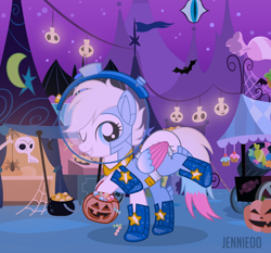 Size: 1200x1116 | Tagged: safe, artist:jennieoo, oc, oc only, oc:star lily, bat, pegasus, pony, g4, candy, cosmonaut, diaper, diaper fetish, fetish, food, halloween, holiday, night, nightmare night, non-baby in diaper, ponyville, pumpkin, show accurate, skull, solo, spacesuit