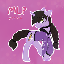 Size: 800x800 | Tagged: safe, artist:alanadamoondemon15, oc, oc only, pony, unicorn, braid, choker, clothes, ear piercing, female, horn, mare, pencil, piercing, purple background, raised tail, simple background, solo, tail, unicorn oc