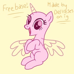 Size: 768x768 | Tagged: safe, artist:dellieses, oc, oc only, alicorn, pony, alicorn oc, bald, base, colored hooves, eyelashes, horn, open mouth, simple background, sitting, smiling, solo, wings, yellow background
