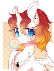 Size: 2432x3207 | Tagged: safe, artist:mint-light, oc, oc only, alicorn, pony, alicorn oc, bubblegum, bust, chest fluff, commission, ear piercing, food, gum, high res, horn, jewelry, necklace, piercing, signature, simple background, solo, transparent background, wings, ych result