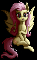 Size: 1600x2560 | Tagged: safe, artist:raphaeldavid, fluttershy, bat pony, pony, g4, bat ponified, bat wings, black background, fangs, female, flutterbat, front view, full face view, high res, looking at you, mare, open mouth, race swap, red eyes, simple background, smiling, solo, spread wings, wings