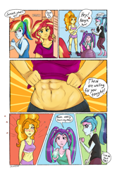 Size: 1387x2087 | Tagged: safe, artist:shimazun, adagio dazzle, aria blaze, rainbow dash, sonata dusk, sunset shimmer, equestria girls, g4, abs, adonis belt, alternate hairstyle, belly button, blue eyes, blushing, blushing profusely, breasts, cellphone, cleavage, clothes, comic, dialogue, drool, exercise ball, eyelashes, female, flirting, floating heart, gym, gym shorts, gym uniform, hair over one eye, heart, jealous, lesbian, locker room, lockers, midriff, muscles, muscular female, phone, pigtails, ponytail, purple eyes, red eyes, seductive, sexy, shaking, ship:sunsagio, shipping, shirt, shirt lift, shoes, sneakers, socks, speech bubble, sports bra, stupid sexy sunset shimmer, sunset lifter, sweat, text, the dazzlings, twintails, water bottle, weight lifting, weights, wide hips, workout outfit