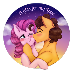 Size: 3000x3000 | Tagged: safe, artist:shamy-crist, cheese sandwich, pinkie pie, pony, g4, blushing, female, high res, kissing, male, ship:cheesepie, shipping, simple background, straight, transparent background