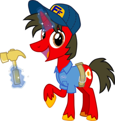 Size: 2580x2709 | Tagged: safe, artist:shadymeadow, oc, oc:fried egg, pony, unicorn, clothes, costume, fix-it felix jr., hammer, high res, magic, male, nightmare night costume, ralph breaks the internet, simple background, solo, stallion, transparent background, wreck-it ralph, wreck-it ralph 2
