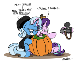 Size: 3032x2396 | Tagged: safe, artist:bobthedalek, starlight glimmer, trixie, pony, unicorn, g4, camera, clothes, costume, food, food costume, grin, hat, high res, inconvenient trixie, magic, pumpkin, pumpkin costume, pumpky wumpkin, smiling, starlight glimmer is not amused, telekinesis, this will end in pain, unamused, witch costume, witch hat