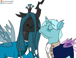 Size: 5665x4321 | Tagged: safe, artist:eagc7, queen chrysalis, oc, changedling, changeling, g4, canon x oc, clothes, commission, female, hamilton, horn, kiss on the lips, kissing, ko-fi, male, patreon, shipping, simple background, straight, transparent background