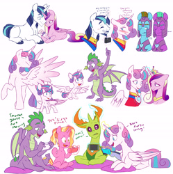 Size: 6900x6914 | Tagged: safe, artist:chub-wub, luster dawn, princess cadance, princess flurry heart, shining armor, spike, thorax, alicorn, changedling, changeling, dragon, pony, unicorn, absurd resolution, alternate hairstyle, armor, beard, blushing, camera, clothes, crown, cute, facial hair, family, father and child, father and daughter, female, filly, flurrybetes, glowing horn, helmet, horn, jewelry, king thorax, levitation, like father like daughter, like parent like child, magic, male, mare, missing cutie mark, mother and child, mother and daughter, moustache, nintendo, nintendo switch, older, older flurry heart, older spike, open mouth, pillow, raised hoof, regalia, royal guard, shiningcadance, shipping, shirt, simple background, sitting, stallion, straight, suit, telekinesis, uncle spike, unshorn fetlocks, white background, winged spike, wings