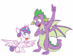 Size: 3073x2369 | Tagged: safe, artist:chub-wub, princess flurry heart, spike, alicorn, dragon, pony, g4, cute, duo, female, filly, high res, male, older, older spike, open mouth, raised hoof, simple background, sitting, uncle spike, white background, winged spike, wings
